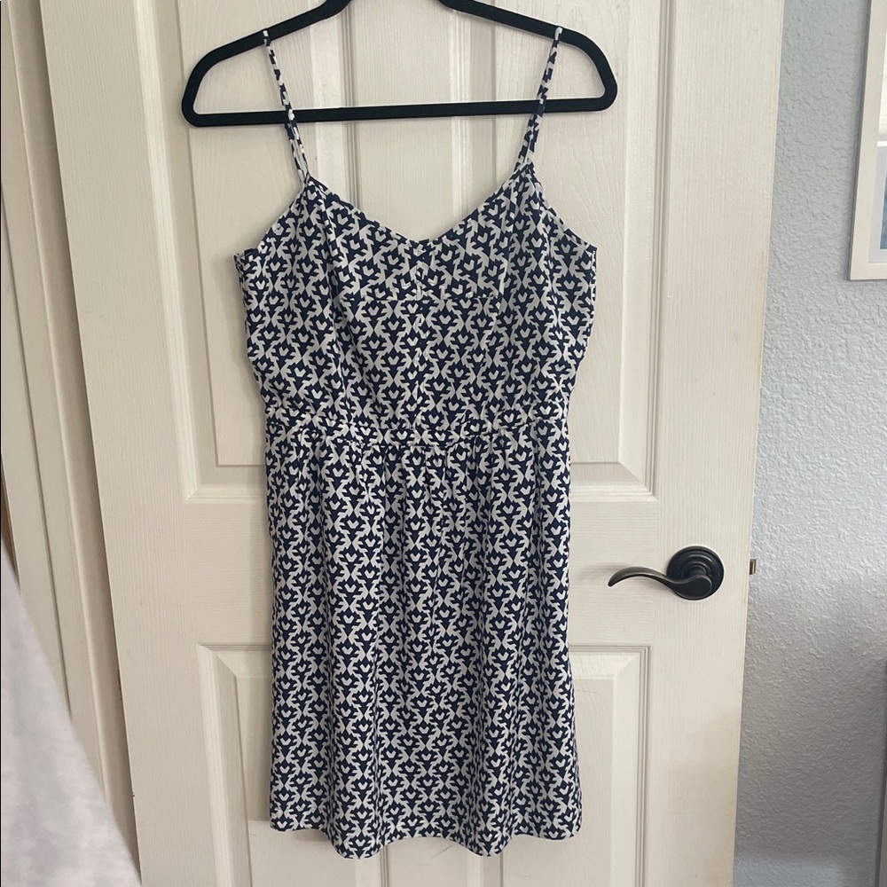 J Crew Navy and White Printed Spaghetti-Strap Dress